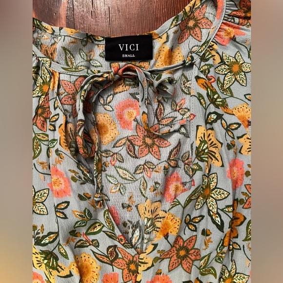 VICI Green Floral Mini Dress Balloon Sleeve Smocked Body Tie at Neckline - Picture 6 of 6